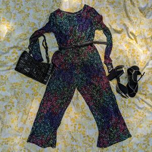 💐 Beautiful VTG Disco Art Class Silk Floral Jumpsuit Sz S